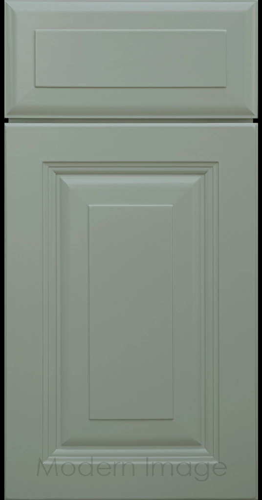 Durango raised panel cabinet door in a Evergreen color featuring a stepped molded frame.
